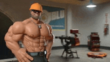 a very muscular man is wearing a hard hat and sunglasses in a garage .