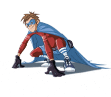 a cartoon of a superhero wearing a blue cape and gloves