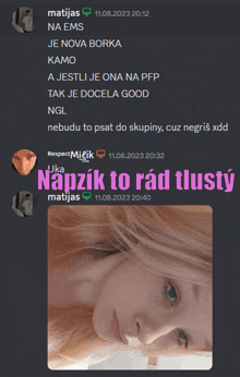 a screenshot of a chat with a picture of a woman and the words napzik to rad tlusty