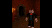a roblox character is standing in front of a door with the words `` no i am out good '' .