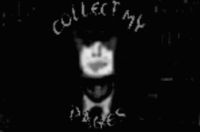 a black and white image of a man 's face with the words collect 94 written in white letters