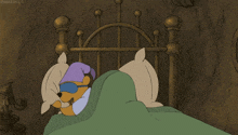 a cartoon of winnie the pooh sleeping in a bed with his eyes closed