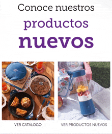 a purple sign that says " conoce nuestros productos nuevos "