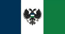 a blue white and green flag with a double headed eagle