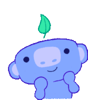 a blue cartoon character with a green leaf on top of its head