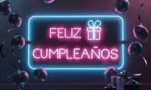 a neon sign that says feliz cumpleanos is surrounded by balloons and presents