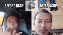 a before and after photo of a man with the word ngopi on the bottom