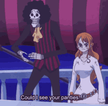 a skeleton standing next to a woman with the words " could i see your panties " on the bottom