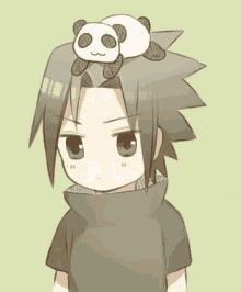 sasuke uchiha from naruto has a panda on his head .