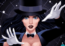 a woman wearing a top hat and white gloves is making a magic trick