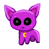 a purple cat with black eyes and a yellow c on its collar