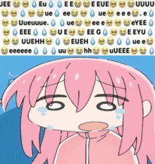 a cartoon of a girl with tears coming out of her eyes is surrounded by emojis that say eee