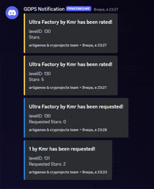 a screenshot of a gdps notification shows that ultra factory by kmr has been rated