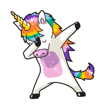 a unicorn with a rainbow mane and horn is dancing with its arms outstretched