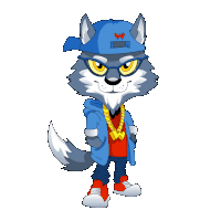 a cartoon wolf wearing a blue hat with the letter w on the front