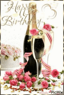 a birthday card with a bottle of champagne , two glasses of champagne , pink roses , and a cake .