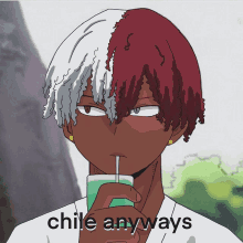 a cartoon of a person drinking a green drink with the words chile anyways below him