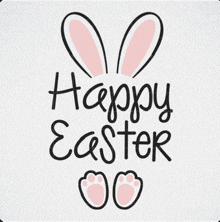 a happy easter greeting card with bunny ears and paw prints