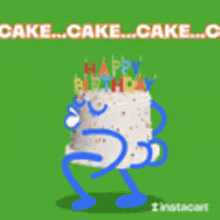 a birthday cake with blue arms and legs is on a green background .