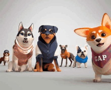 a group of cartoon dogs with one wearing a gap scarf