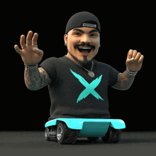 a cartoon character wearing a black shirt with a blue x on it