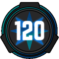 a black and blue circle with the number 120 inside