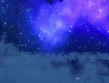 a person is falling through the air in front of a blue and purple sky filled with stars .