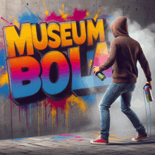 a man spray paints graffiti on a wall that reads museum boy