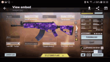 a screenshot of a video game shows a purple weapon