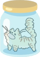 a cartoon cat is sitting in a jar with a yellow lid .