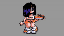 a hooters waitress is holding a plate of food in her hand .