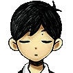 a pixel art drawing of a boy with black hair and a white shirt with his eyes closed .