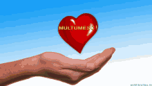 a hand holding a red heart that says multumesc on it