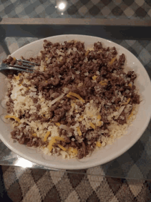 a plate of ground beef and cheese with a fork