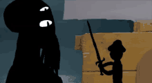 a silhouette of a man holding a sword stands next to a silhouette of a monster