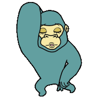 a cartoon drawing of a gorilla with its eyes closed and one arm up