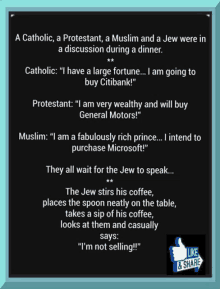 a catholic protestant muslim and jew were in a discussion during a dinner