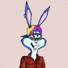 a cartoon of a bunny wearing a hat with the word bugs on it