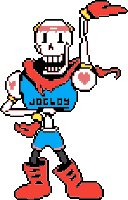 a pixel art drawing of papyrus with a shirt that says jogloy