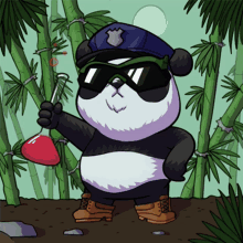 a panda bear wearing sunglasses and a police hat is holding a flask