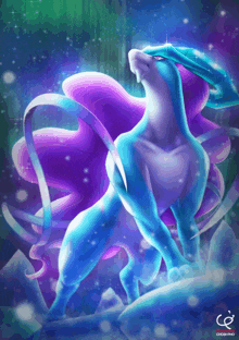 a painting of a blue and purple pokemon with the letters c and e on the bottom