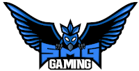 a blue and black logo for smg gaming with an owl