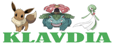 eevee venusaur and garnet are on a white background with the word klavdia below them