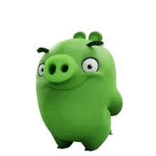 a green pig is standing on a white background and smiling .