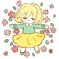 a girl in a yellow skirt is surrounded by flowers and leaves