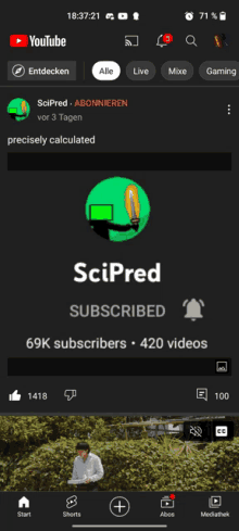 a screenshot of scipred 's youtube channel with 69k subscribers 420 videos