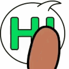 a cartoon hand is pointing at a green speech bubble with the letter h on it .