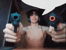 a man without a shirt is holding two guns in front of a white speech bubble