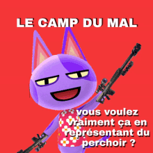 a purple animal crossing character is holding a gun