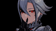 a girl with gray hair and red eyes is holding her finger to her mouth